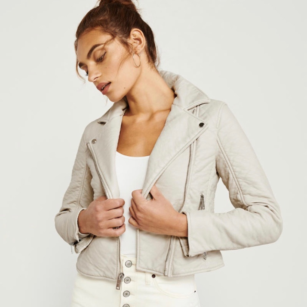 Abercrombie & Fitch Cream Faux Moto Leather Jacket